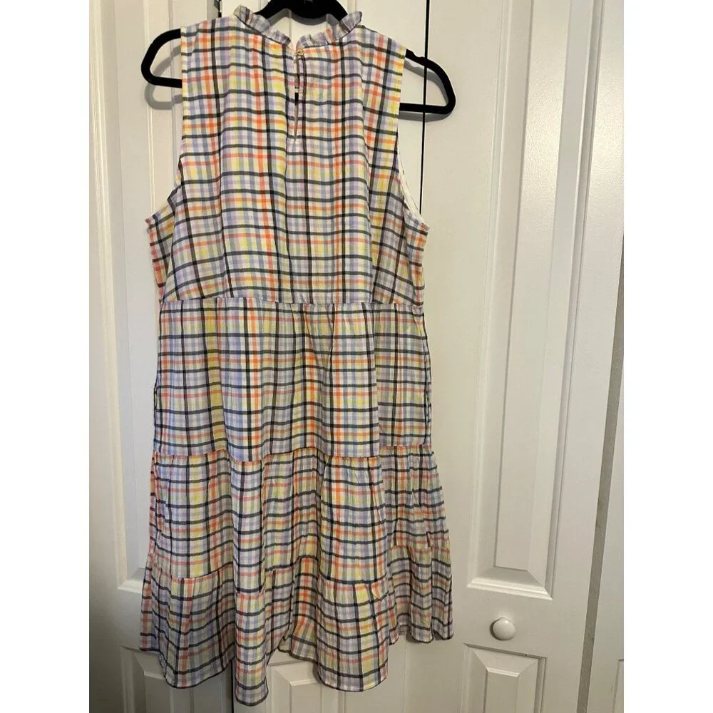 Loft Sleeveless Pastel Plaid Tiered Dress With Ruffle Neckline L‎